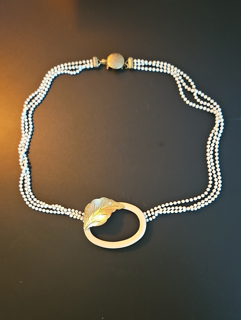 Vintage Enamel White Beaded Necklace Goldtone Leaf Multristrand Metal Beads